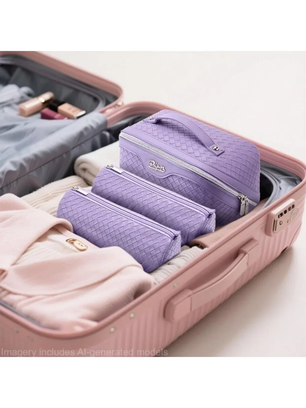 Large Capacity Travel Makeup Bag Set - Waterproof Vegan Leather Cosmetic